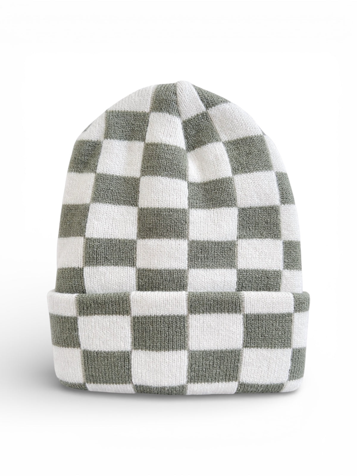 Green and white checkered knit beanie hat, featuring a folded cuff design.