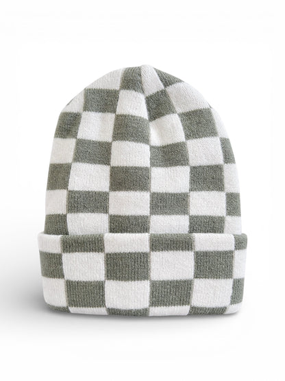 Green and white checkered knit beanie hat, featuring a folded cuff design.