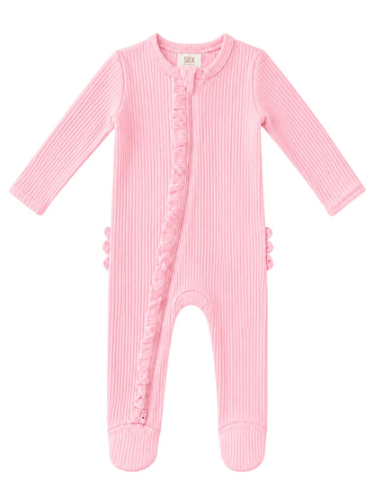 Pink ribbed onesie with long sleeves and ruffle detailing along the zipper, perfect for infants.