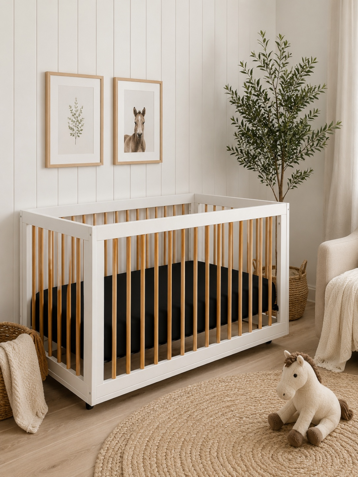 Modern nursery with a white crib, botanical wall art, and a plush horse toy on a round jute rug.