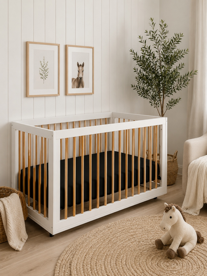 Modern nursery with a white crib, botanical wall art, and a plush horse toy on a round jute rug.