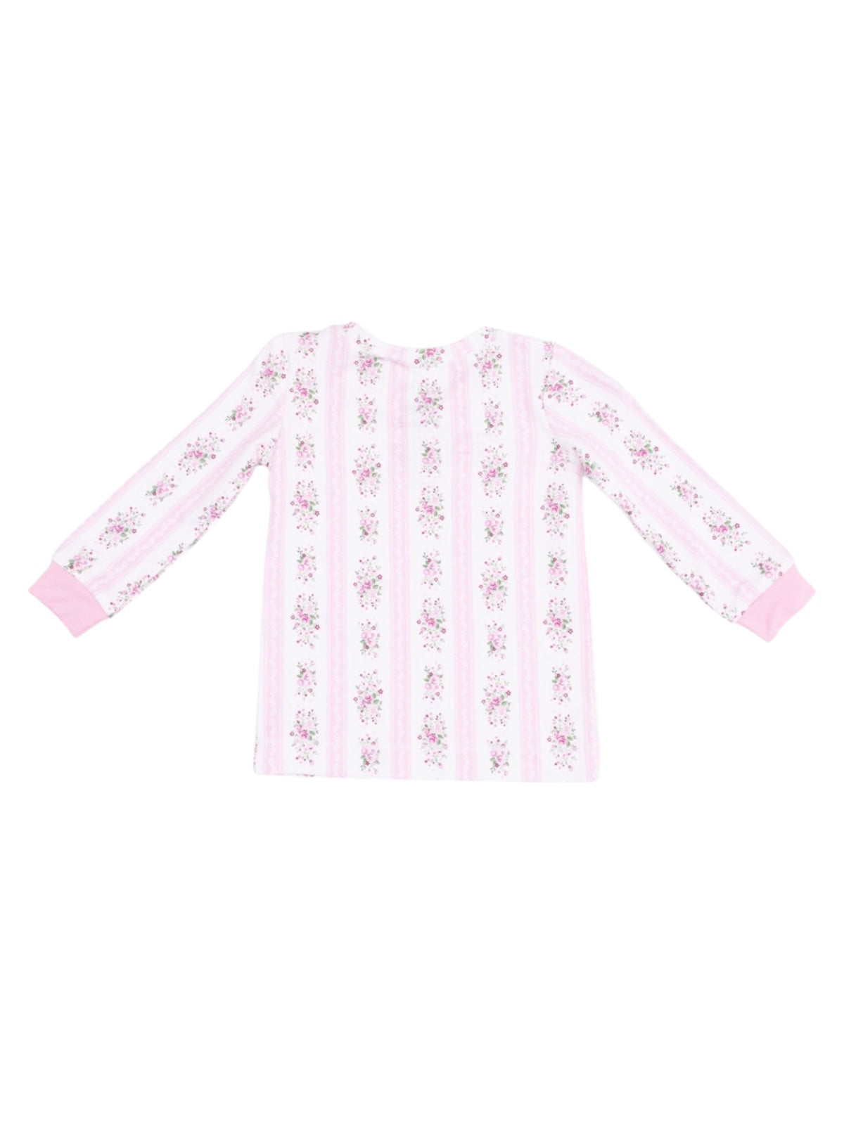 Long-sleeve pink blouse with floral pattern and striped design. Lightweight fabric suitable for casual wear.