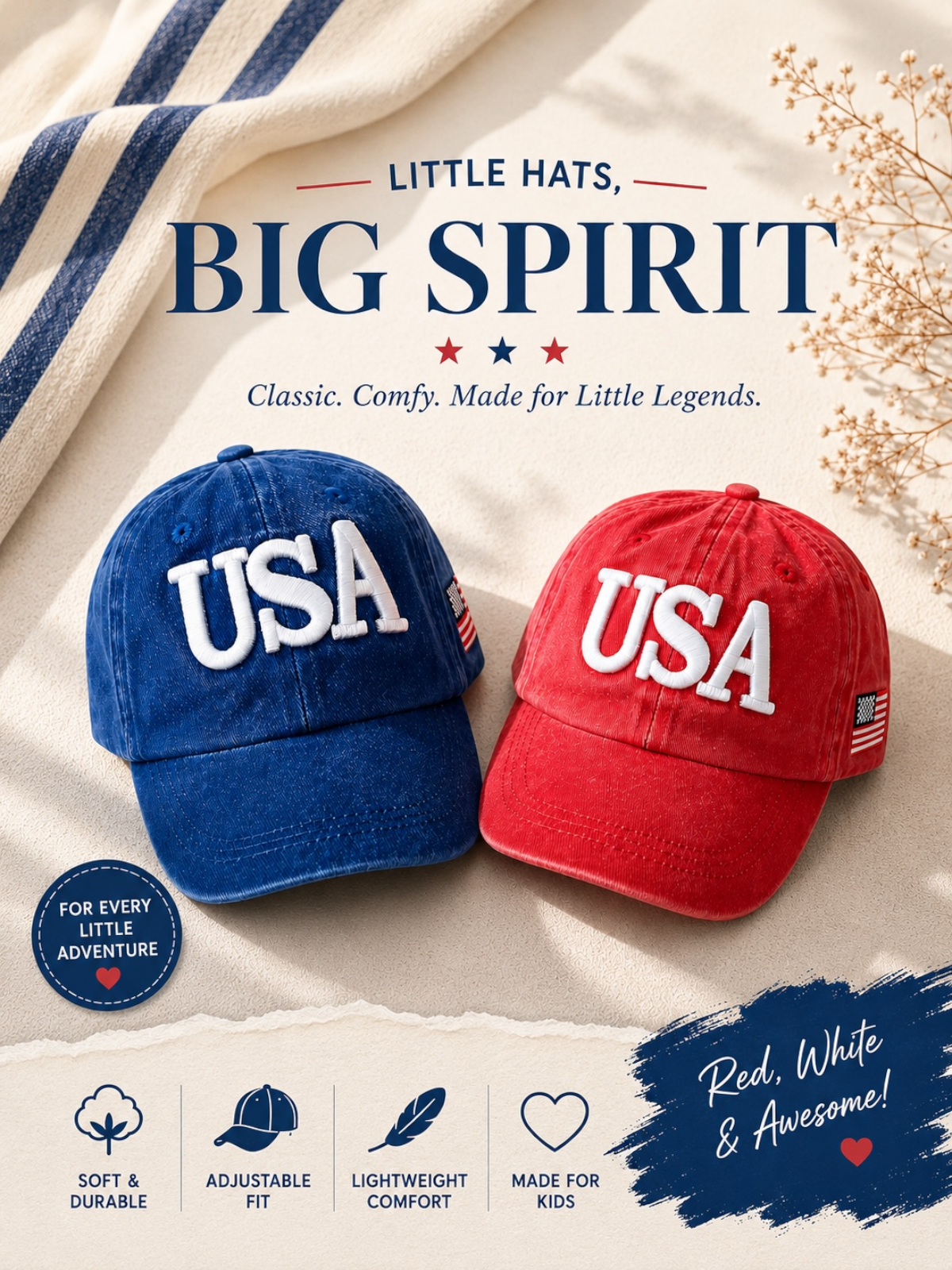 Blue and red hats with "USA" logo, soft and durable, designed for children’s adventures.
