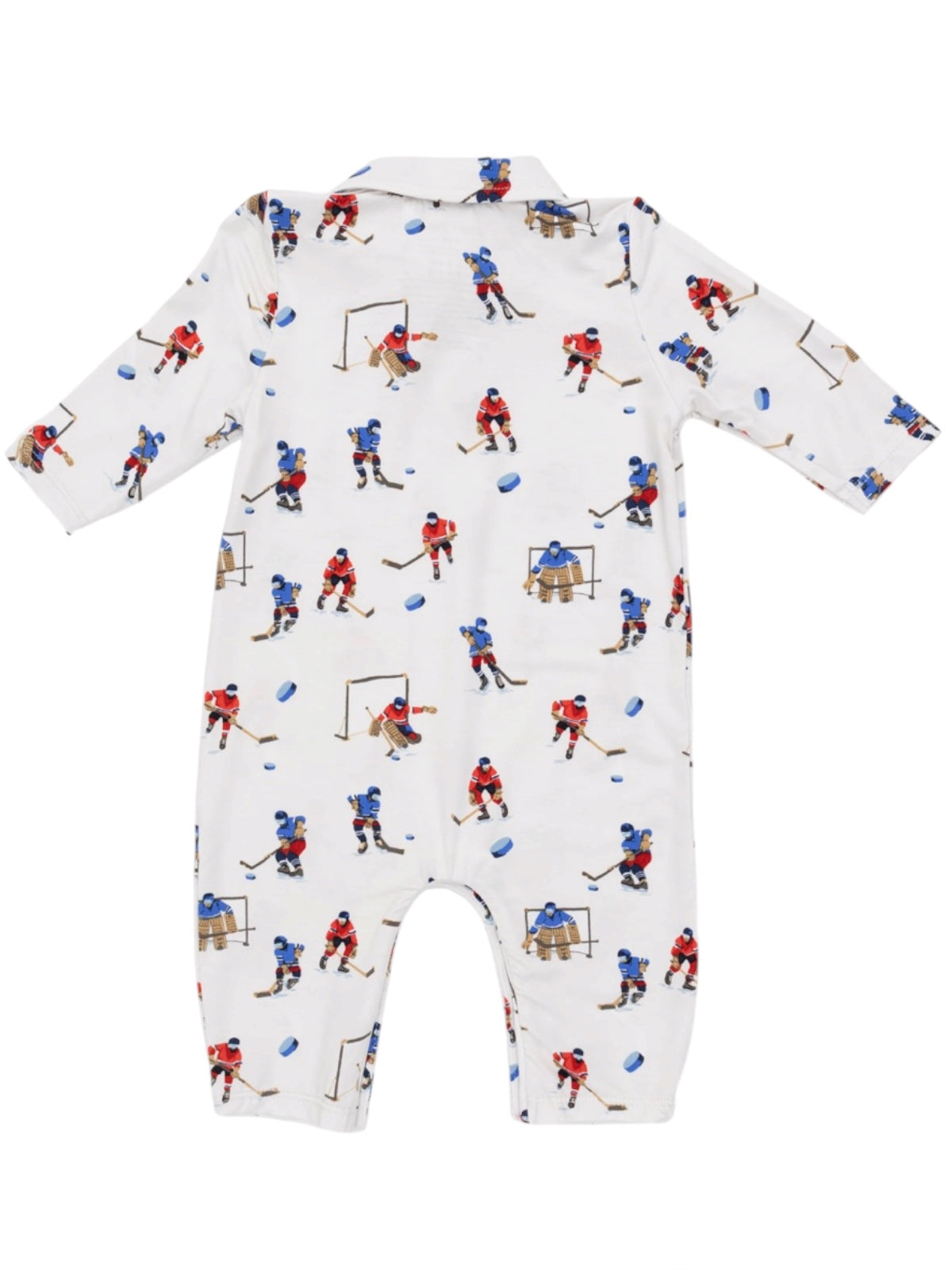Infant onesie with a hockey print, featuring players, goals, and pucks on a white background.