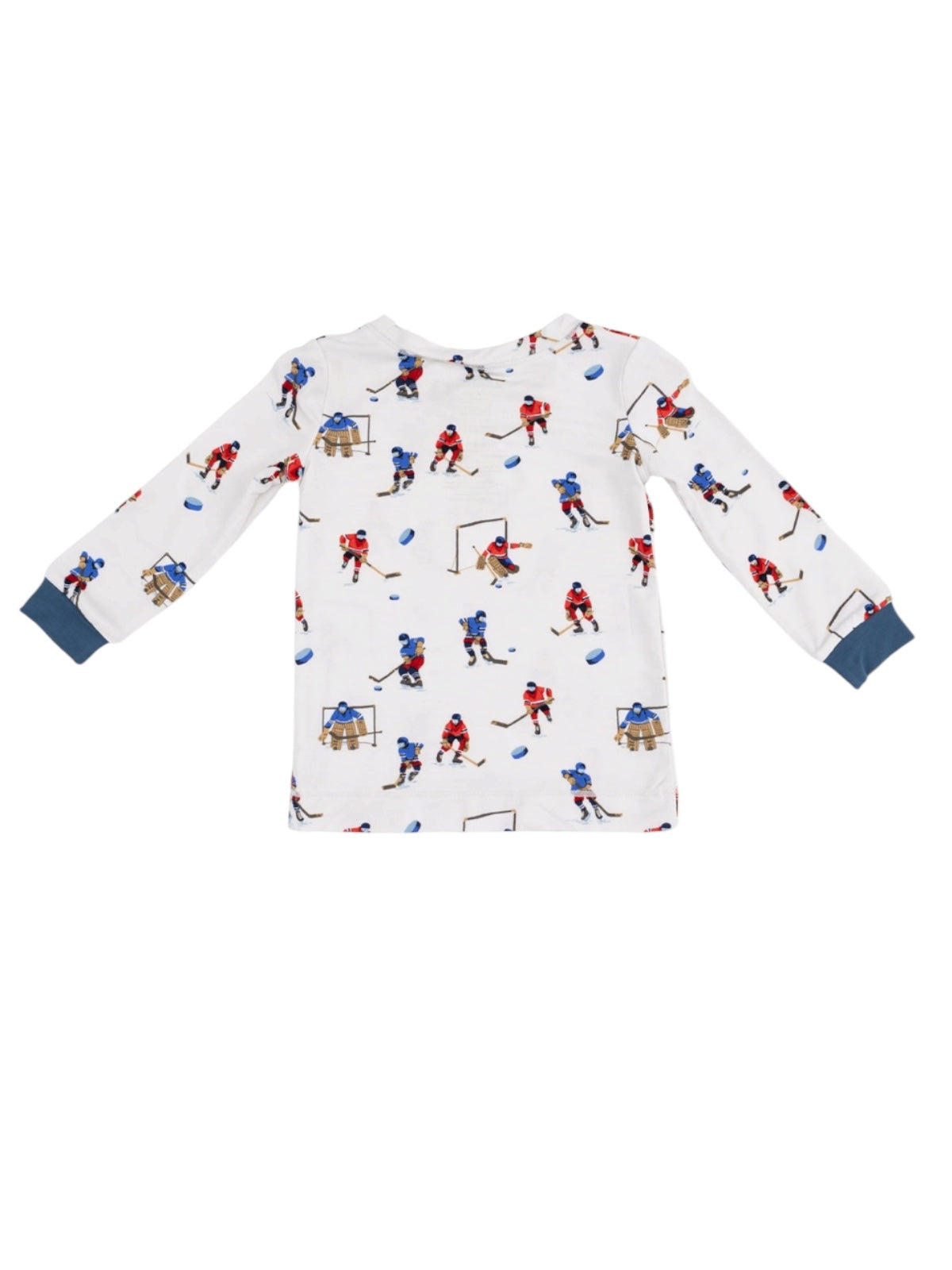 Long-sleeve children's shirt with hockey player print on a white background.