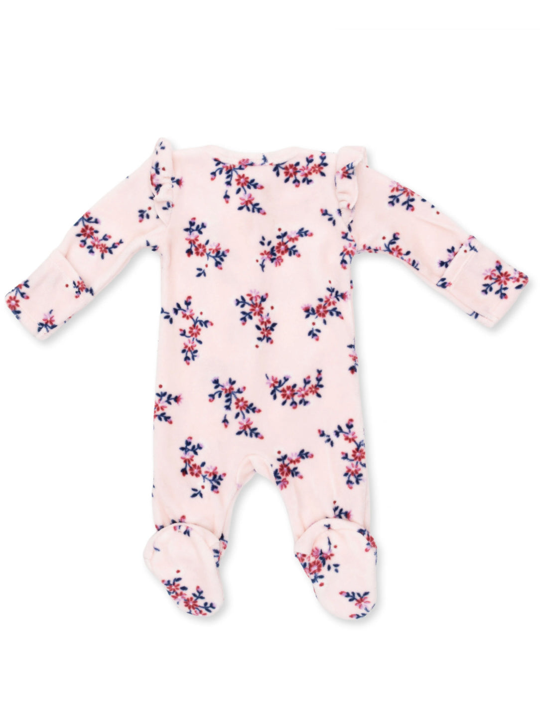 Pink baby onesie with floral print and ruffled sleeves, perfect for comfort and style.