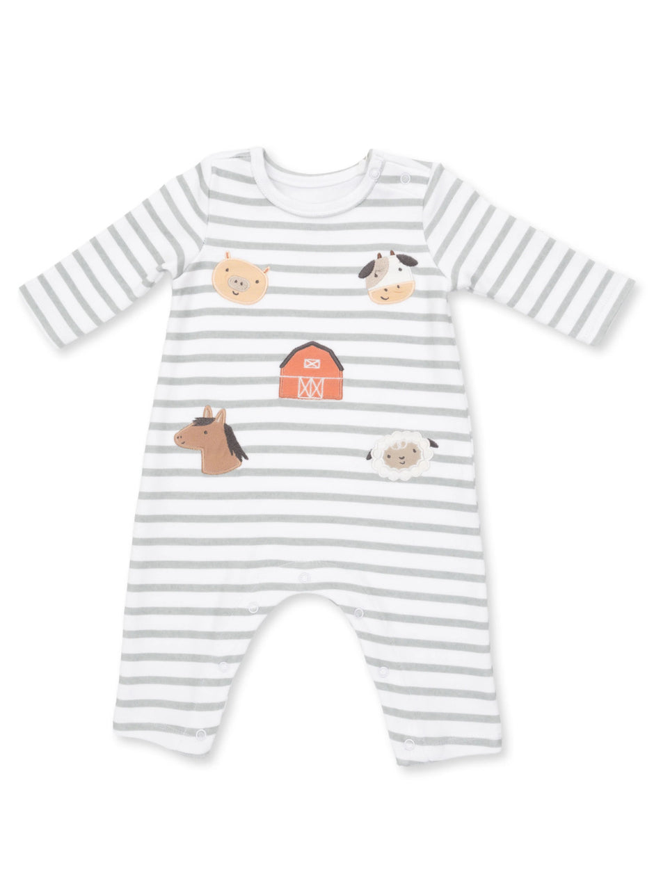 Gray and white striped baby romper featuring animal graphics: pig, cow, horse, sheep, and a red barn.