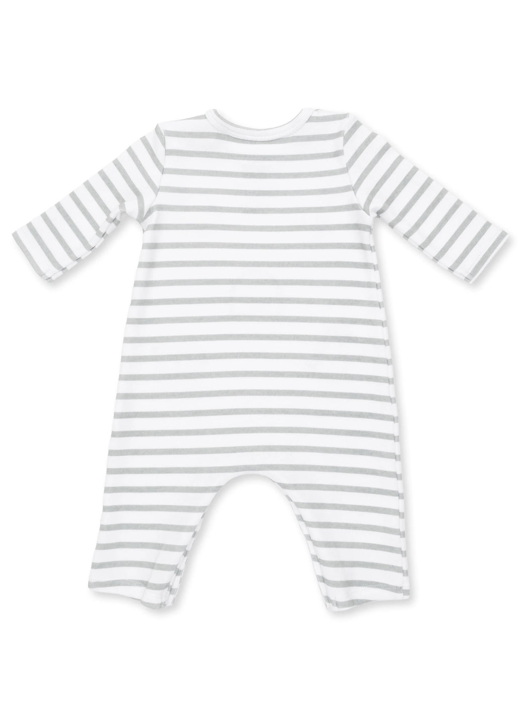 Back view of a striped baby onesie in white and gray with long sleeves.