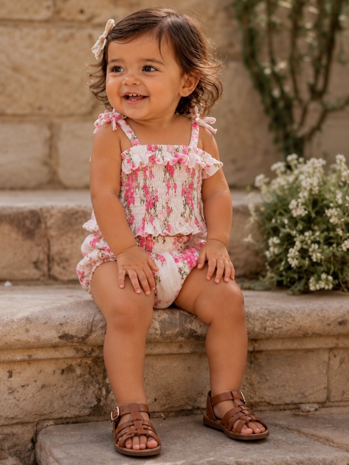 Smiling toddler in floral outfit sitting on stone steps with plants in background.