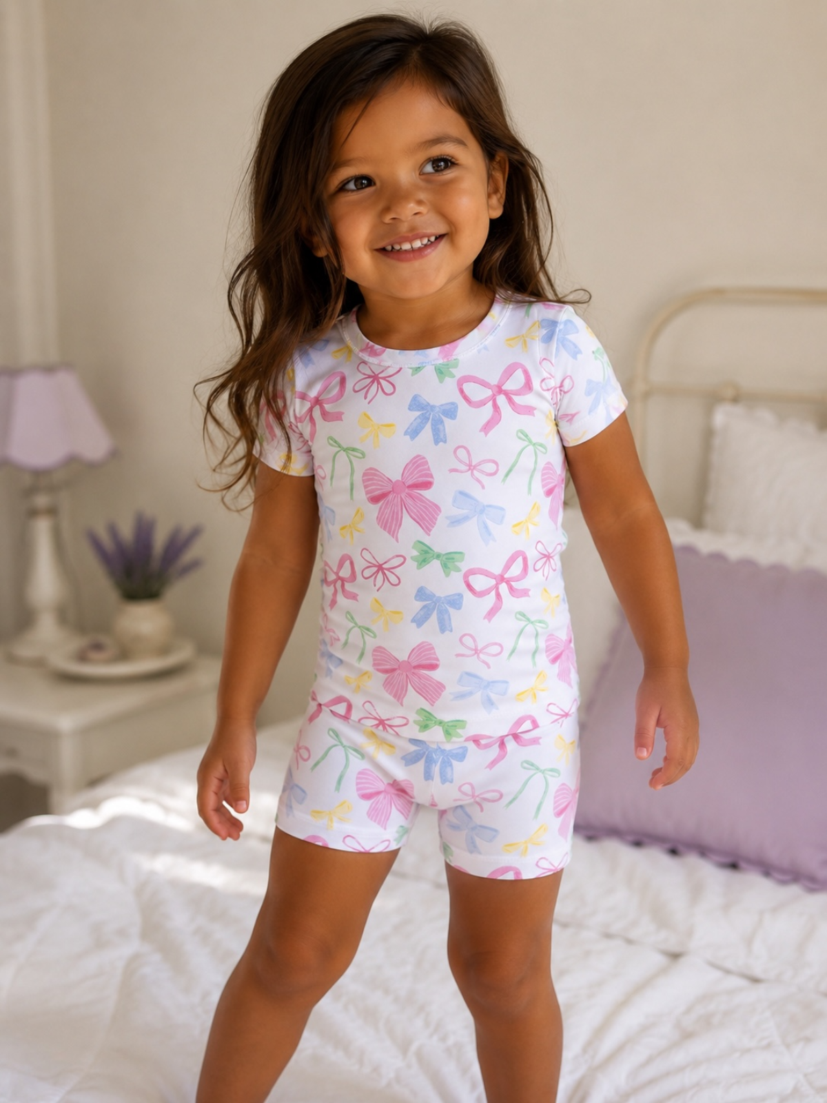 Smiling child in colorful bow-printed pajamas, standing on a bed in a softly lit room.