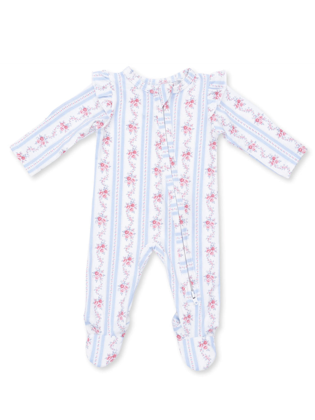  floral patterned baby onesie with ruffles and long sleeves in pastel colors, featuring a front zipper closure.