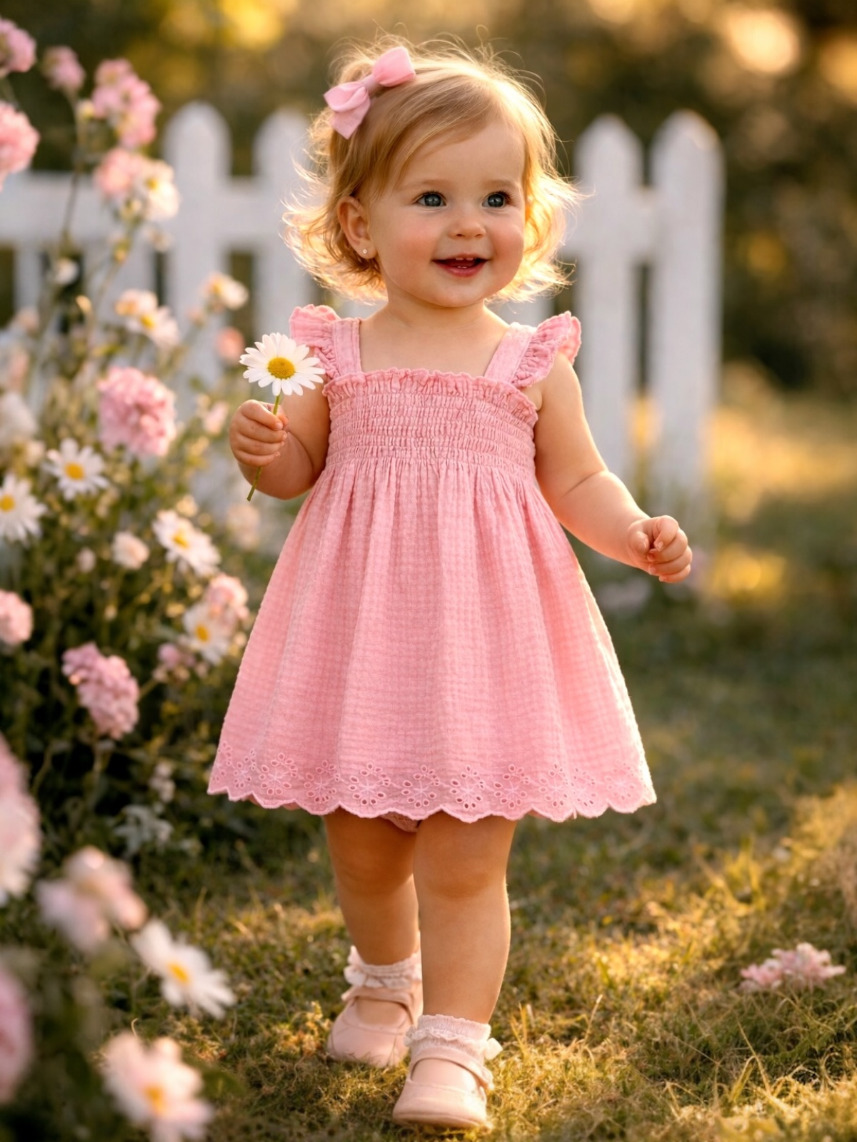 Smiling toddler in pink dress holding a daisy, walking through a flower garden with a white picket fence in background.