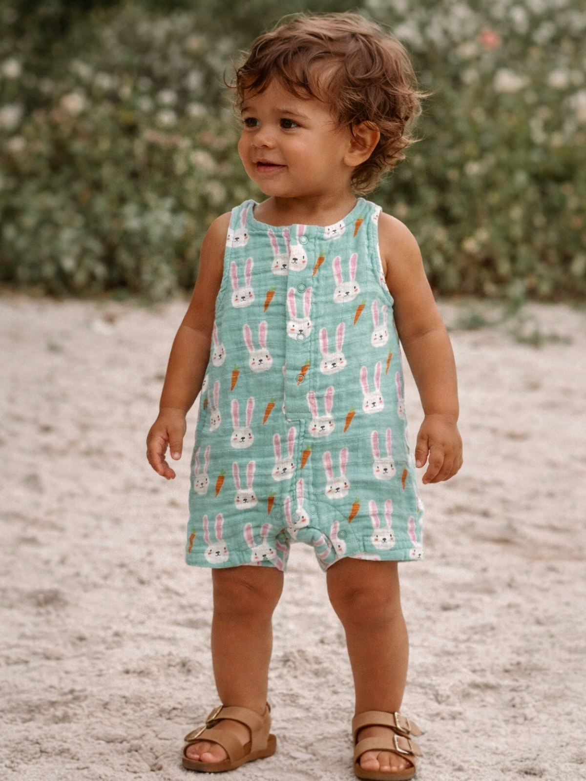 Smiling toddler in a bunny-print romper stands on the sandy ground, surrounded by soft greenery.