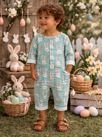 Smiling child in a bunny-print outfit, surrounded by Easter decorations, flowers, and pastel eggs.
