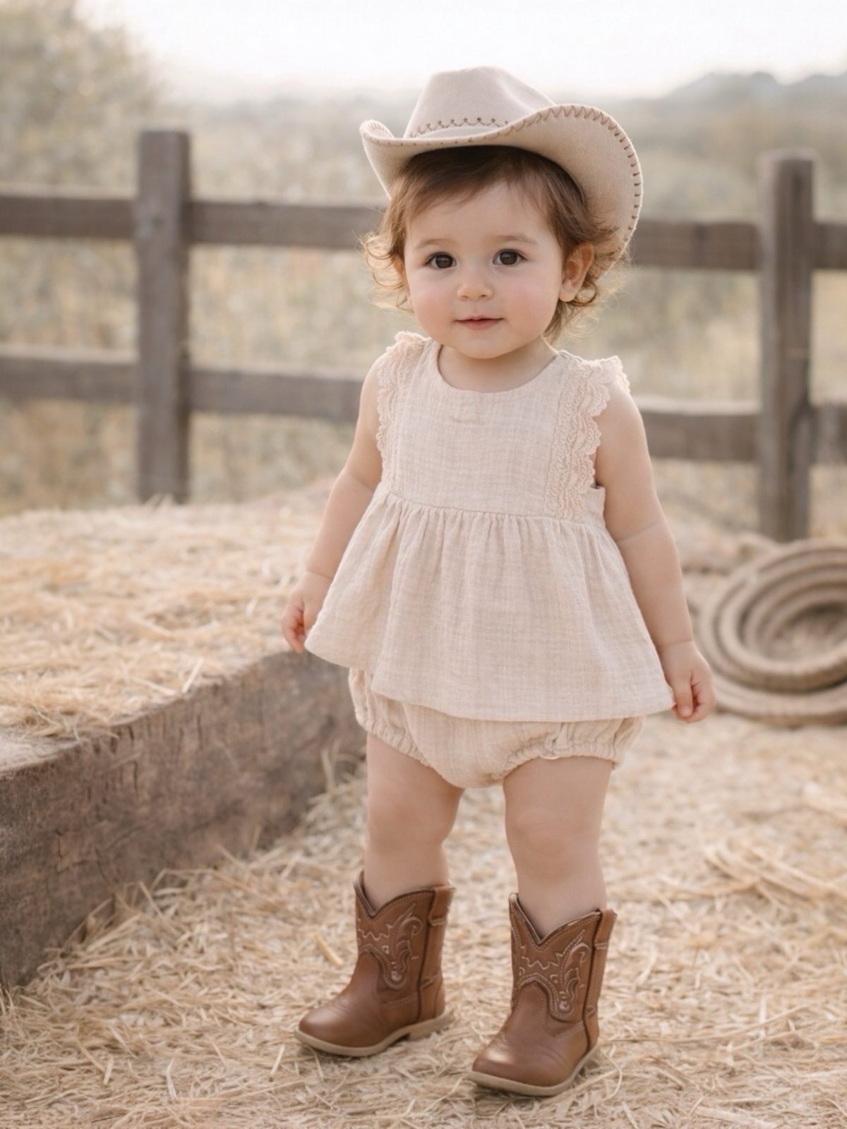 Toddler in a cowboy hat and boots, standing on straw with a wooden fence in the background.