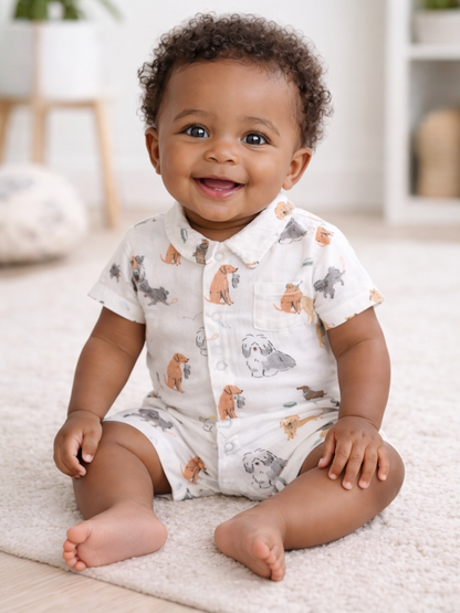 Smiling toddler in a dog-print outfit sitting on a soft rug, showcasing joyful expression.
