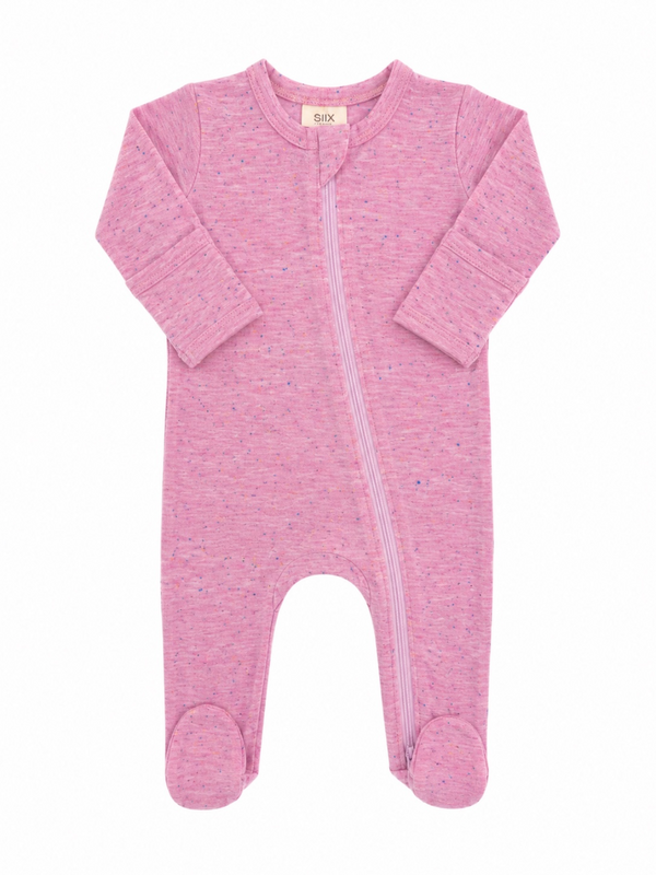 Pink baby onesie with long sleeves and zipper front, featuring footed design and soft, speckled fabric.
