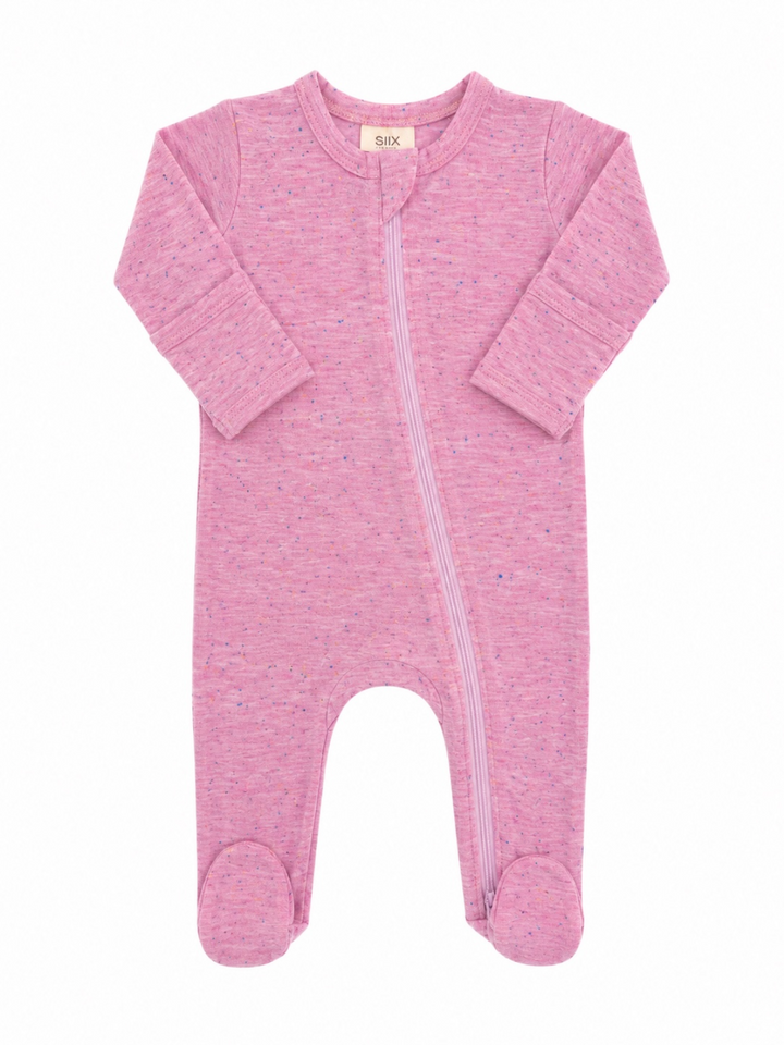 Pink baby onesie with long sleeves and zipper front, featuring footed design and soft, speckled fabric.