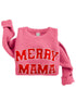 Pink sweater with the text "MERRY MAMA" in bold red letters. Cozy and festive for holiday wear.