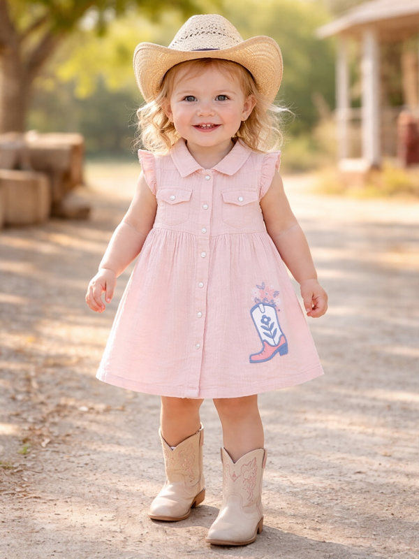 Smiling toddler in a pink dress and cowboy boots stands on a dirt path, wearing a straw hat.