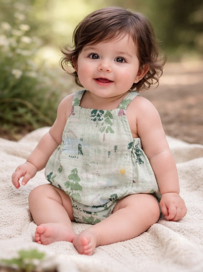 Smiling baby in a patterned outfit sits on a blanket in a sunlit outdoor setting.
