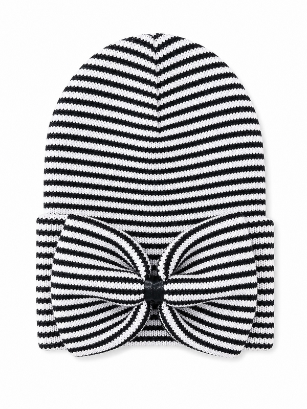 Black and white striped beanie with a large bow on the front.