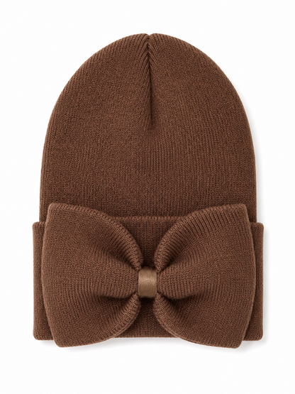 Brown knit beanie with a large bow detail on the front.