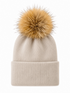 Beige knit beanie with a large fluffy golden pom-pom on top.