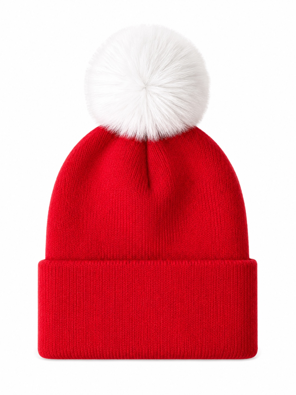 Red knit beanie with a large white pom-pom on top, perfect for winter wear.