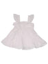 White sleeveless dress with ruffled straps and a tiered skirt, featuring eyelet detailing throughout.