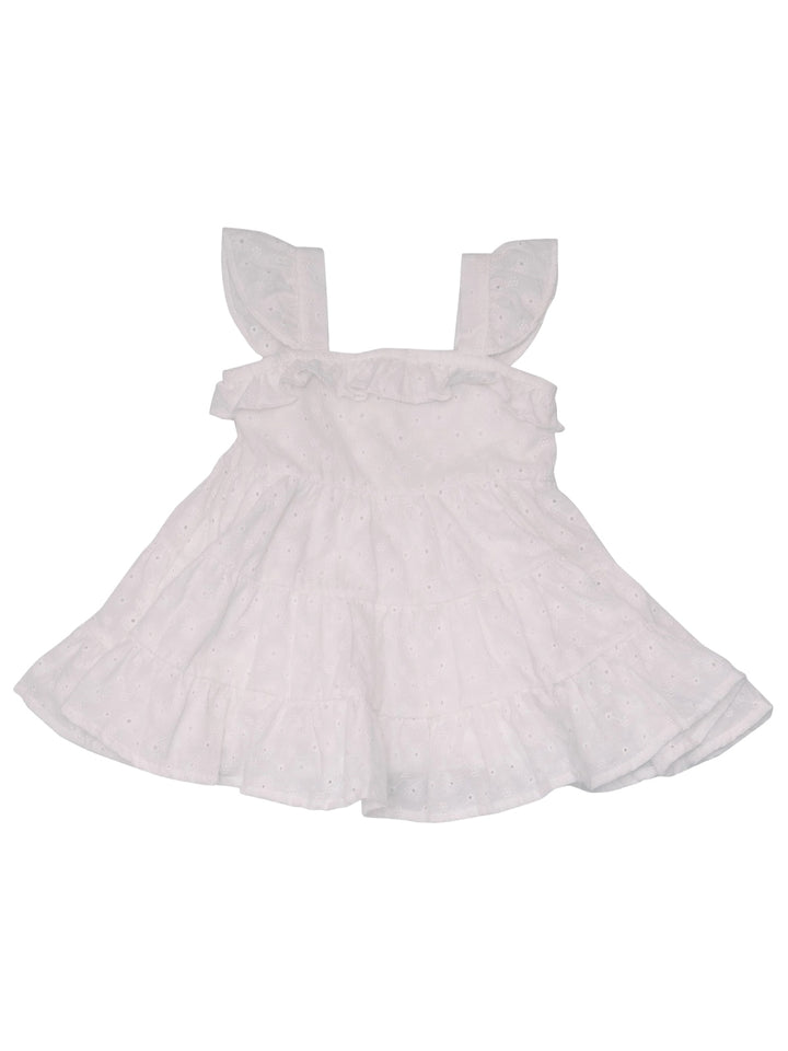 White sleeveless dress with ruffled straps and a tiered skirt, featuring eyelet detailing throughout.