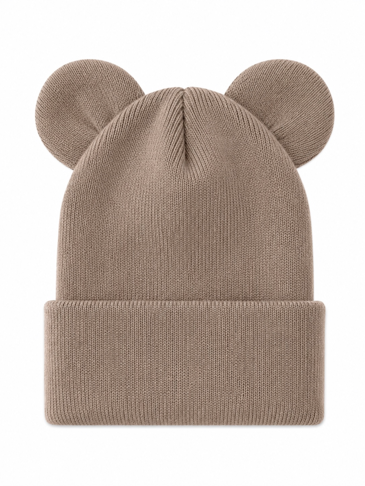 Tan knit beanie with bear ears, featuring a folded cuff design and textured fabric. Ideal for winter wear.