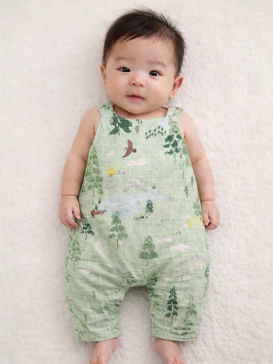 Smiling baby in a green, nature-themed outfit, lying on a soft, light-colored blanket.