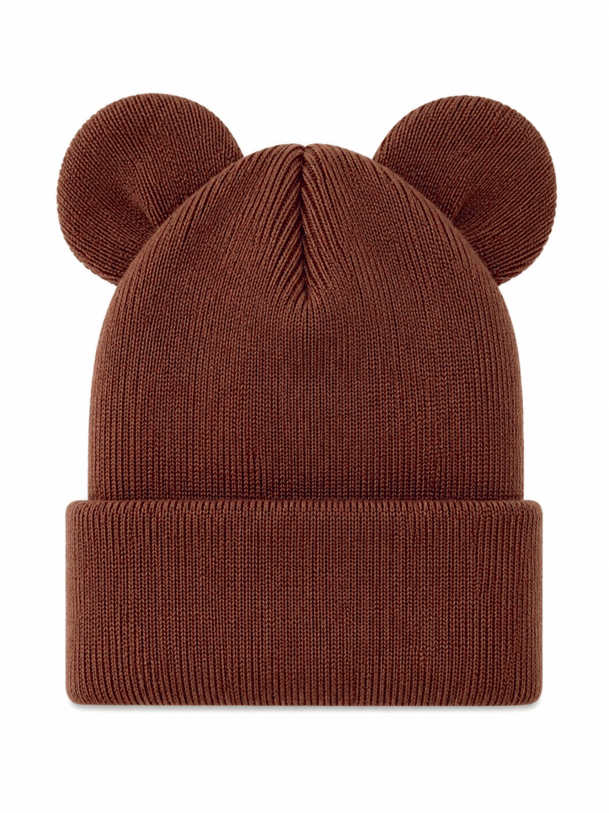 Brown knit beanie with cute ear-shaped details on top. Ideal for winter fashion and cozy style.