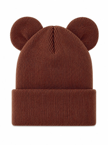 Brown knit beanie with cute ear-shaped details on top. Ideal for winter fashion and cozy style.