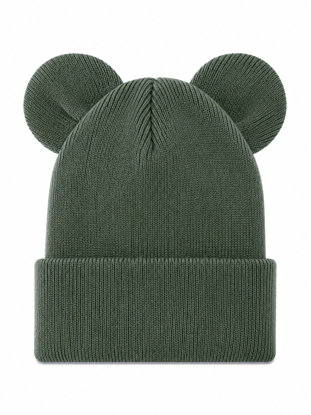 Green knit beanie with rounded ears on top for a playful, cozy look. Ideal for style and warmth.