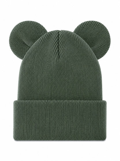Green knit beanie with rounded ears on top for a playful, cozy look. Ideal for style and warmth.