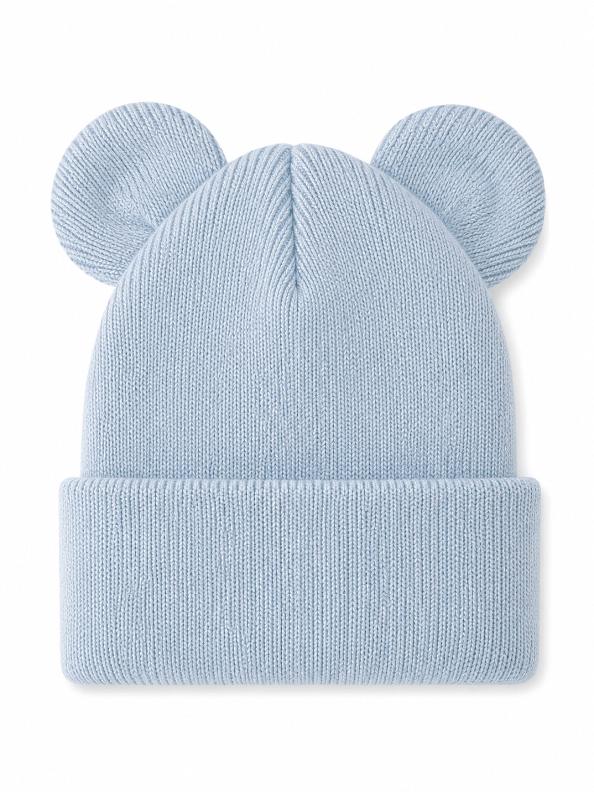Light blue knit beanie with bear ears, featuring a rolled cuff for a cozy style.