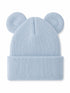 Light blue knit beanie with bear ears, featuring a rolled cuff for a cozy style.