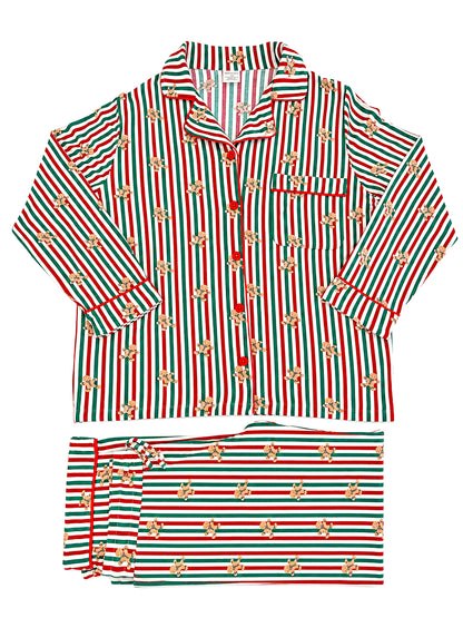 Red and green striped holiday pajamas with gingerbread man pattern, featuring a button-up top and matching pants.