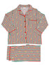Red and green striped holiday pajamas with gingerbread man pattern, featuring a button-up top and matching pants.