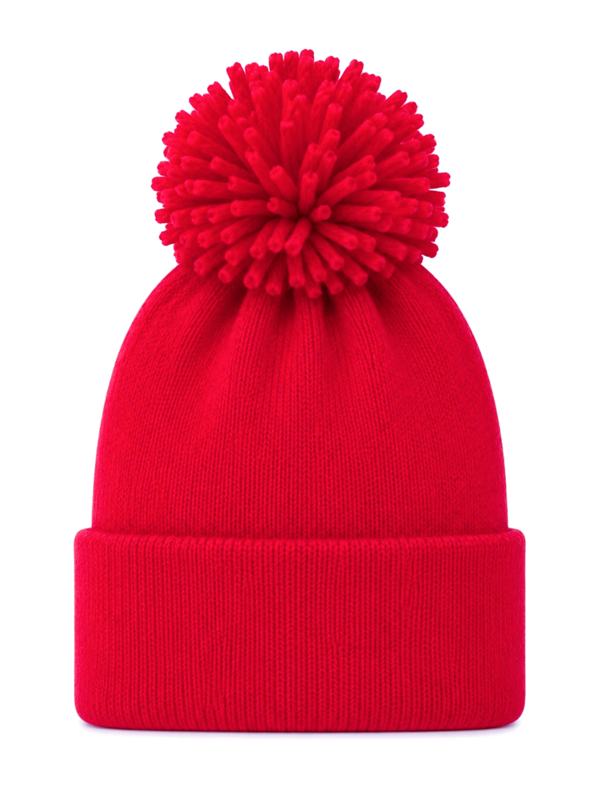 Red knit beanie with a large pom-pom on top, featuring a folded cuff for warmth and style.