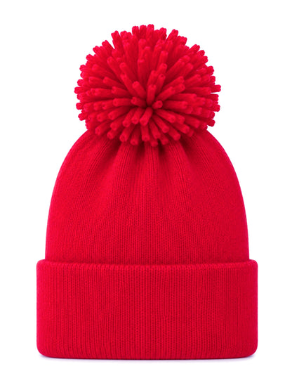 Red knit beanie with a large pom-pom on top, featuring a folded cuff for warmth and style.
