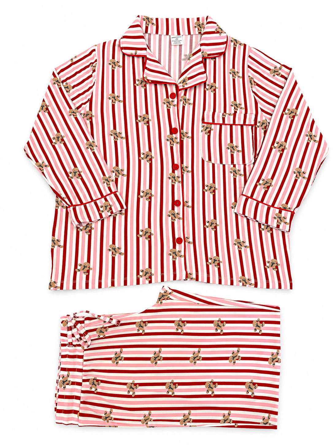 Red and white striped pajama set with playful animal patterns and button-up top, laid flat for display.