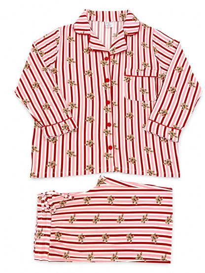 Red and white striped pajama set with playful animal patterns and button-up top, laid flat for display.