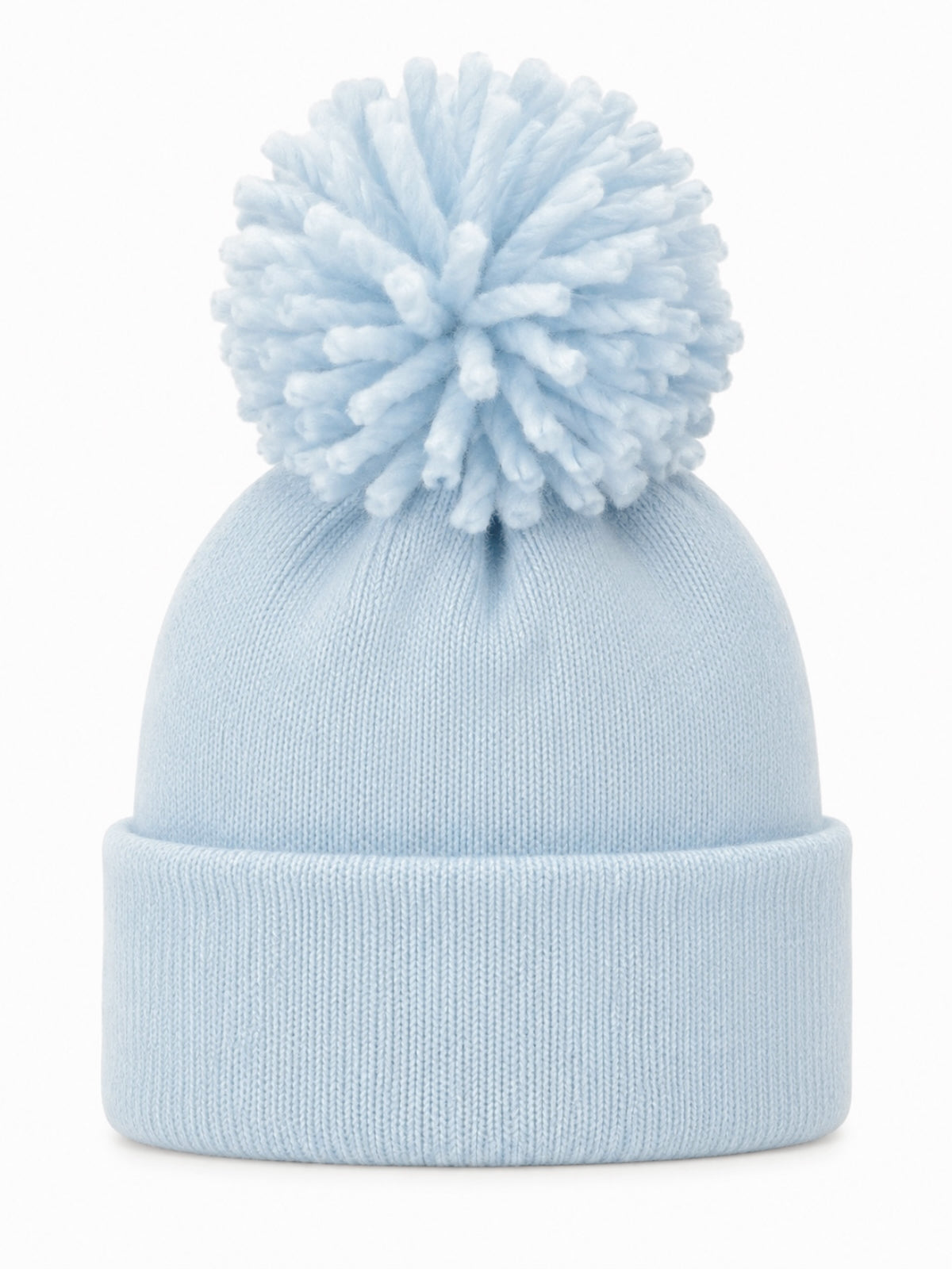 Light blue knit beanie with a fluffy pom-pom on top and a folded cuff.