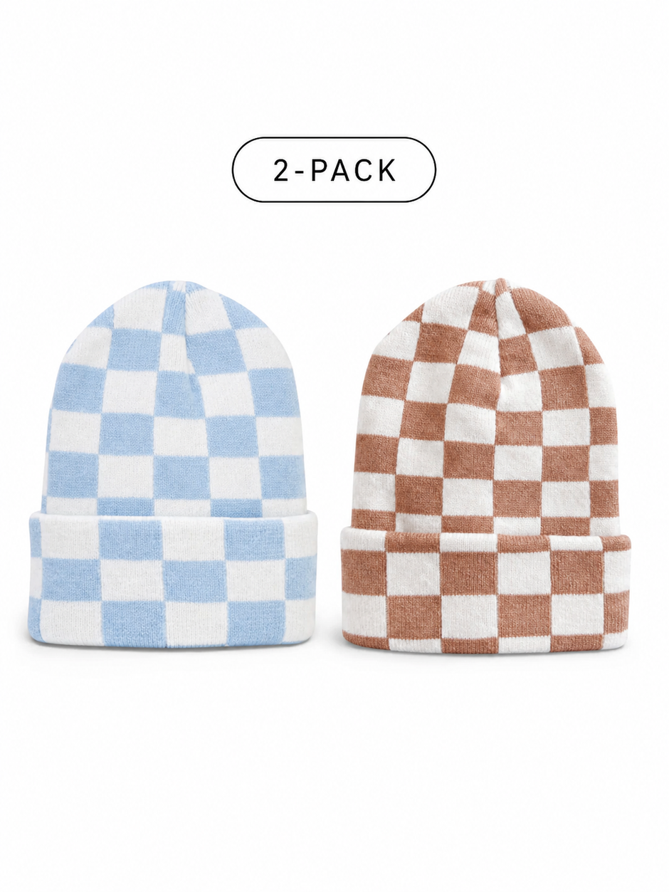 Two-pack of knitted beanies in a blue and white checkered pattern and a brown and white checkered pattern.