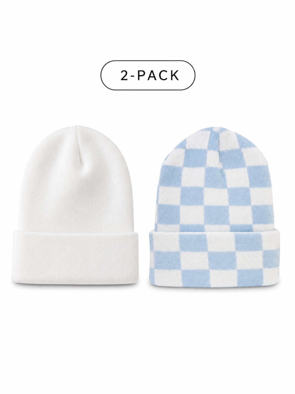 Two beanie hats, one solid white and one blue checkered, displayed together with a label "2-Pack."