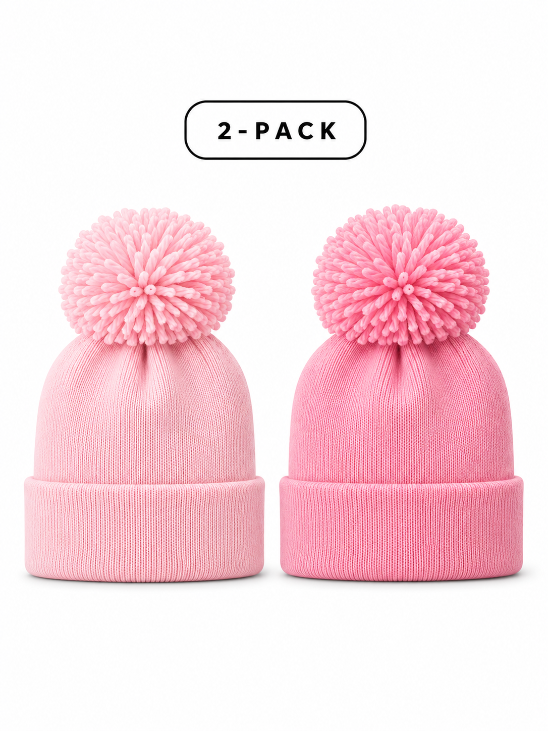 Two pink knitted beanie hats with pom-poms, displayed together in a 2-pack.