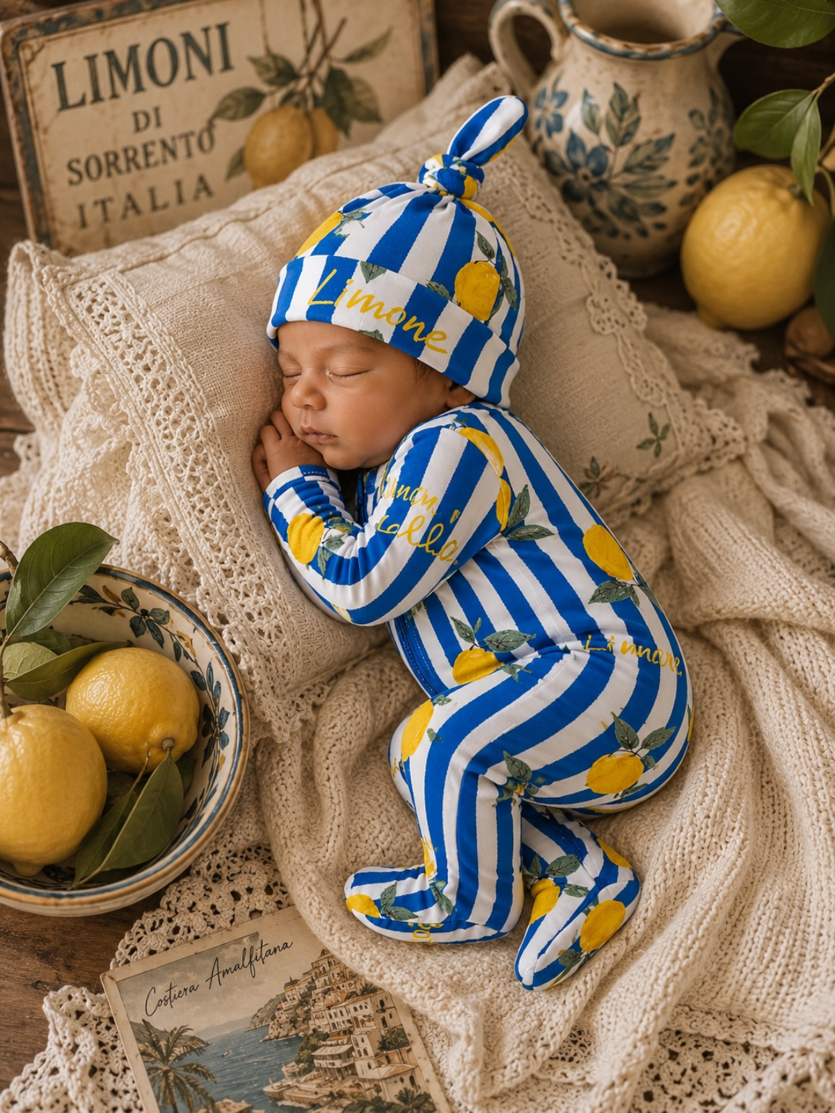 Sleeping baby in blue and white striped outfit with lemons, surrounded by cozy blankets and decorative items.